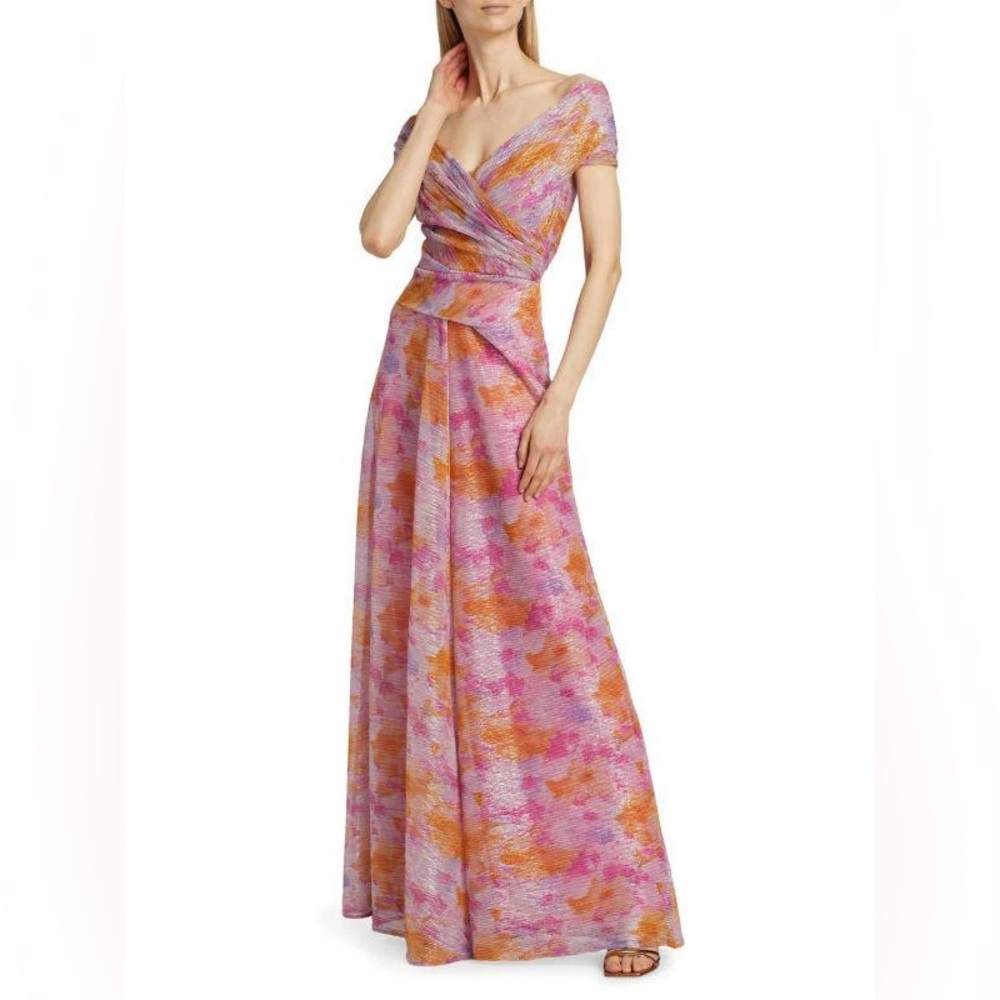 Talbot Runhof NWT Pink Orange Purple Metallic Voile Flower Bouquet Maxi Dress - Picture 12 of 12